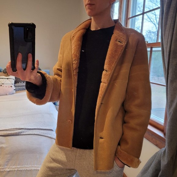 EUC Vintage Daks DD London Beige Tan 100% Suede Shearling Oversized Coat Jacket - Picture 3 of 10